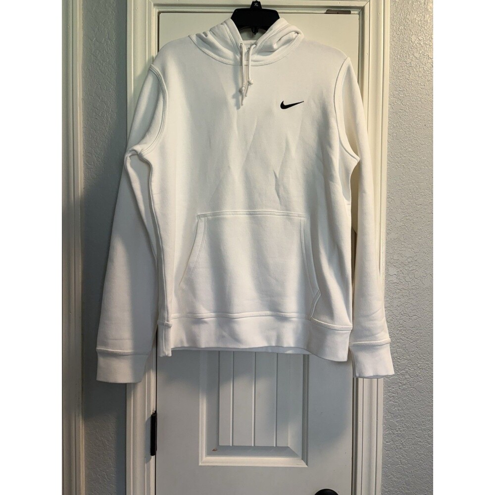 Nike Sweatshirt Mens Medium White Black Swoosh Fleece Pullover Drawstring Hoodie
